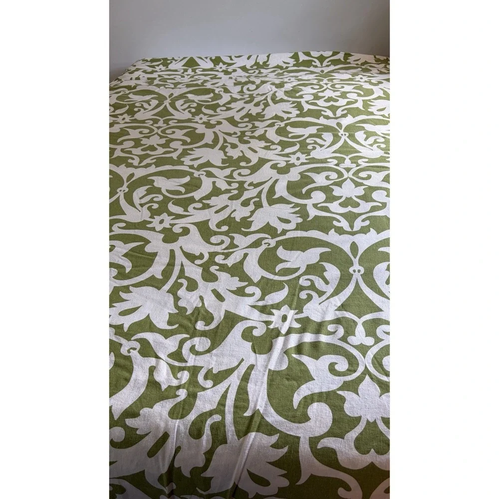 Pottery Barn Garden Gate Duvet Cover King Size Linen Cotton Green White Scroll